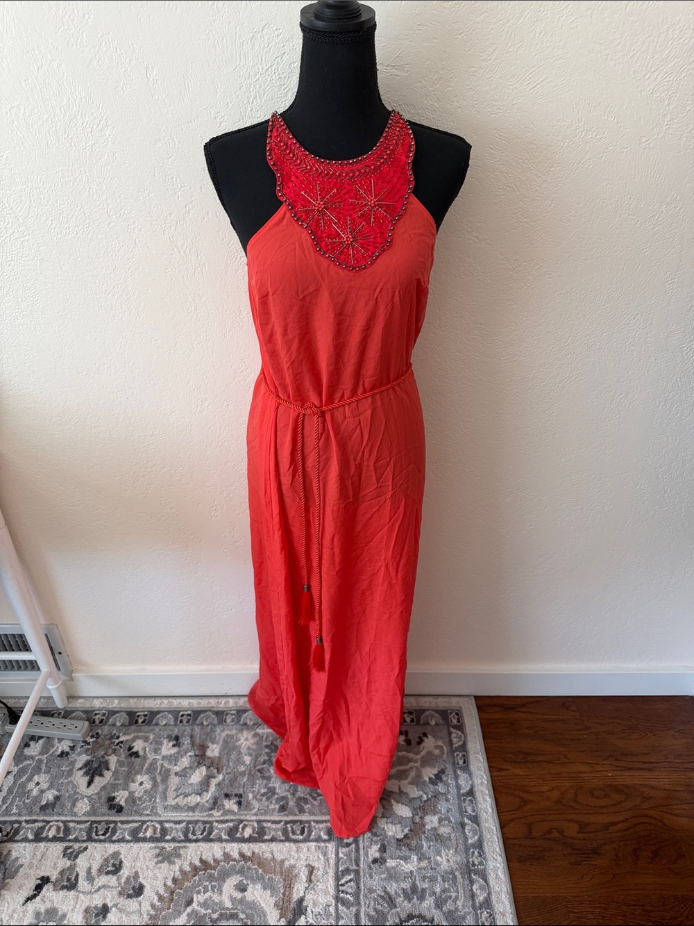 VINTAGE y2K Red Embellished Halter Maxi Dress size SMALL